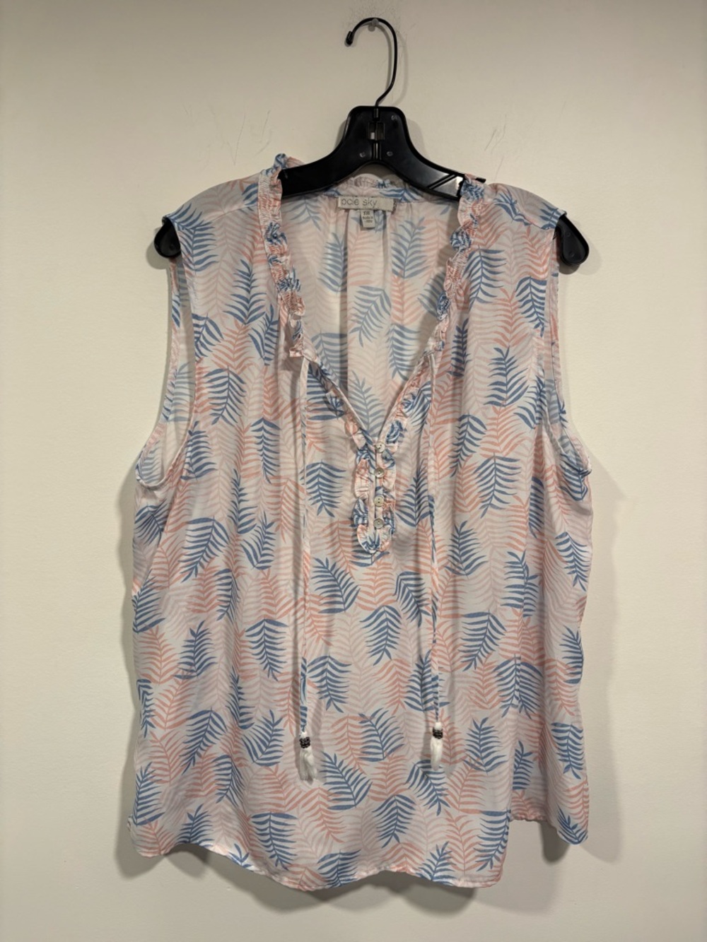 Sleeveless Tie-Front V-Neck Blouse in Blue and Pink Leaf Print